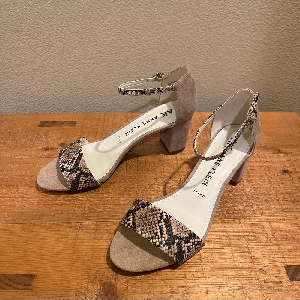 Anne Klein Camila Taupe and Snake Print Heels with Block Heel and Ankle Strap